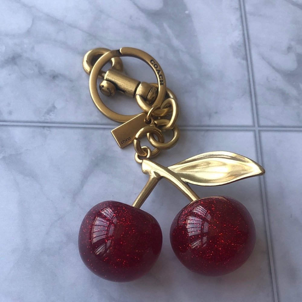 Coach Gold-Tone Cherry Bag Charm with Red Glitter Cherries